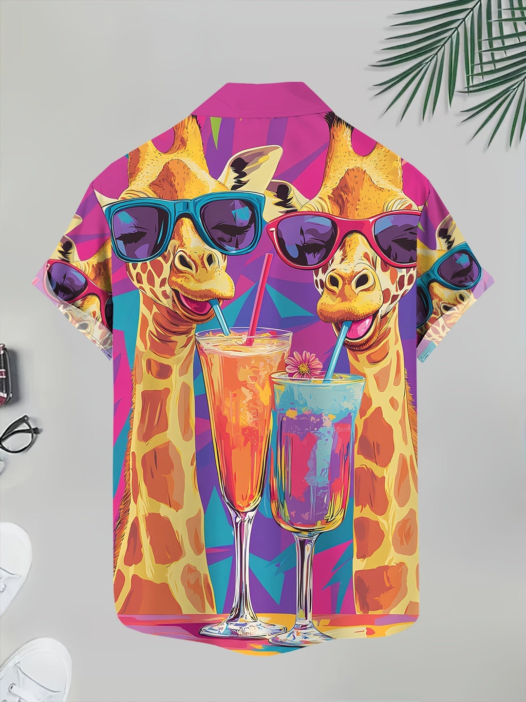 Buntes Kurzarm Hawaii-Hemd für Herren mit lustigem Giraffen- & Cocktail-Muster, perfekt für Strandparty.