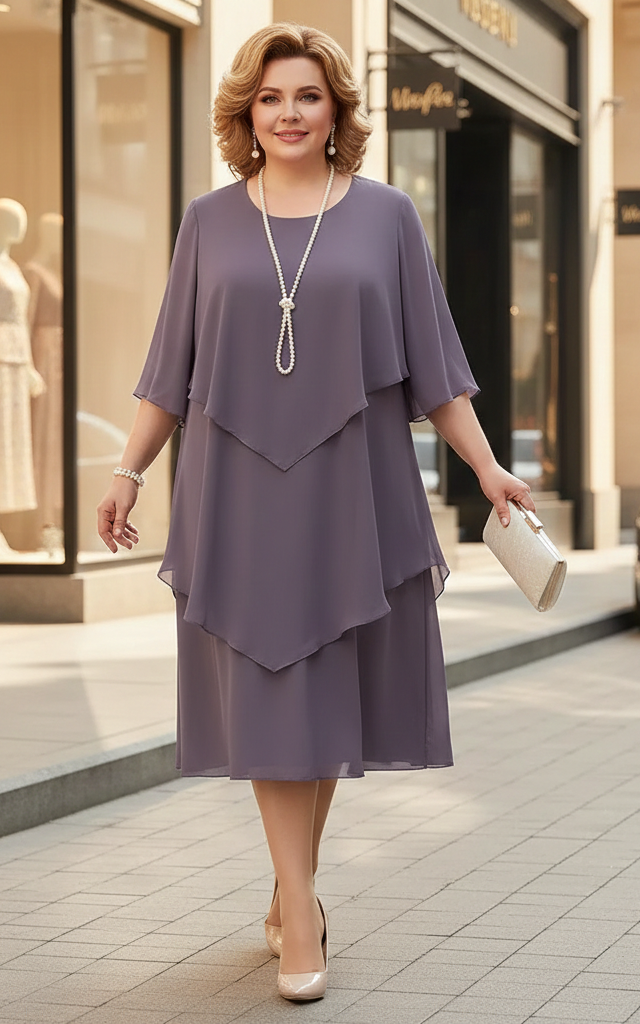 Elegantes Damen Freizeitkleid, Midilänge, asymmetrischer Saum, Kurzarm. Vielseitig kombinierbar.
