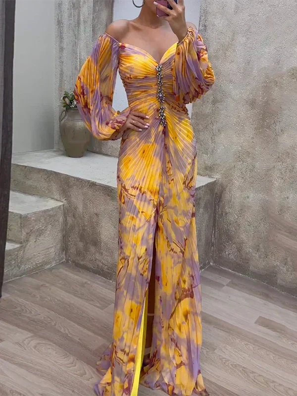 Gelbes Damen Sommer Maxikleid mit eleganten Plissee-Details und zarten Schmetterlingsärmeln, perfekt für festliche Anlässe.