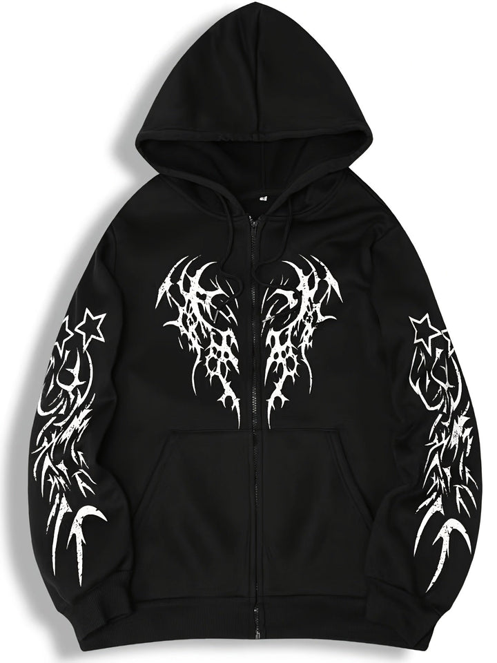 Stylischer Herren Kapuzenpullover mit Reißverschluss, Tribal-Flügel-Design, ideal für Streetwear.