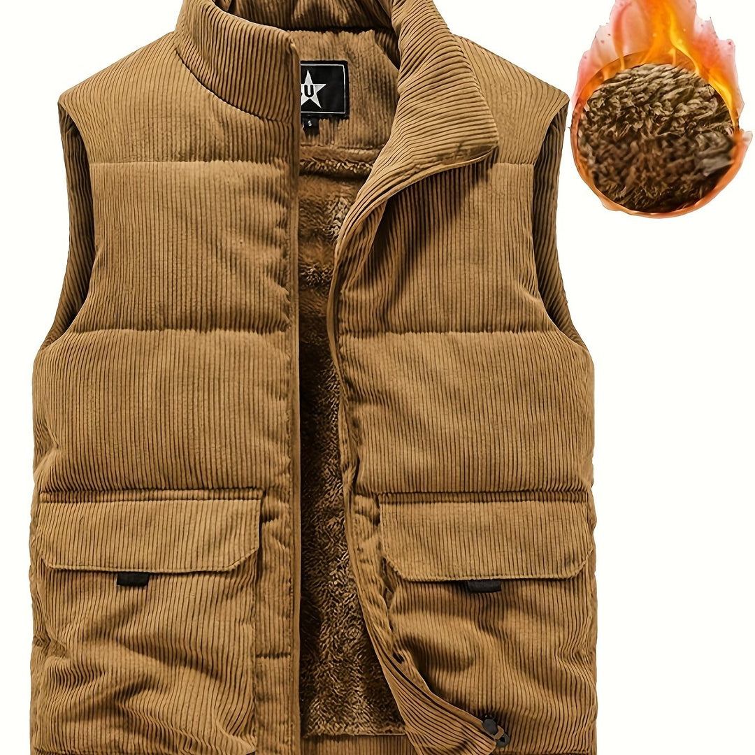 Aktiver Mann in ärmelloser, warmer Herren Cord Steppweste bei Outdoor-Aktivitäten im kühlen Herbst.