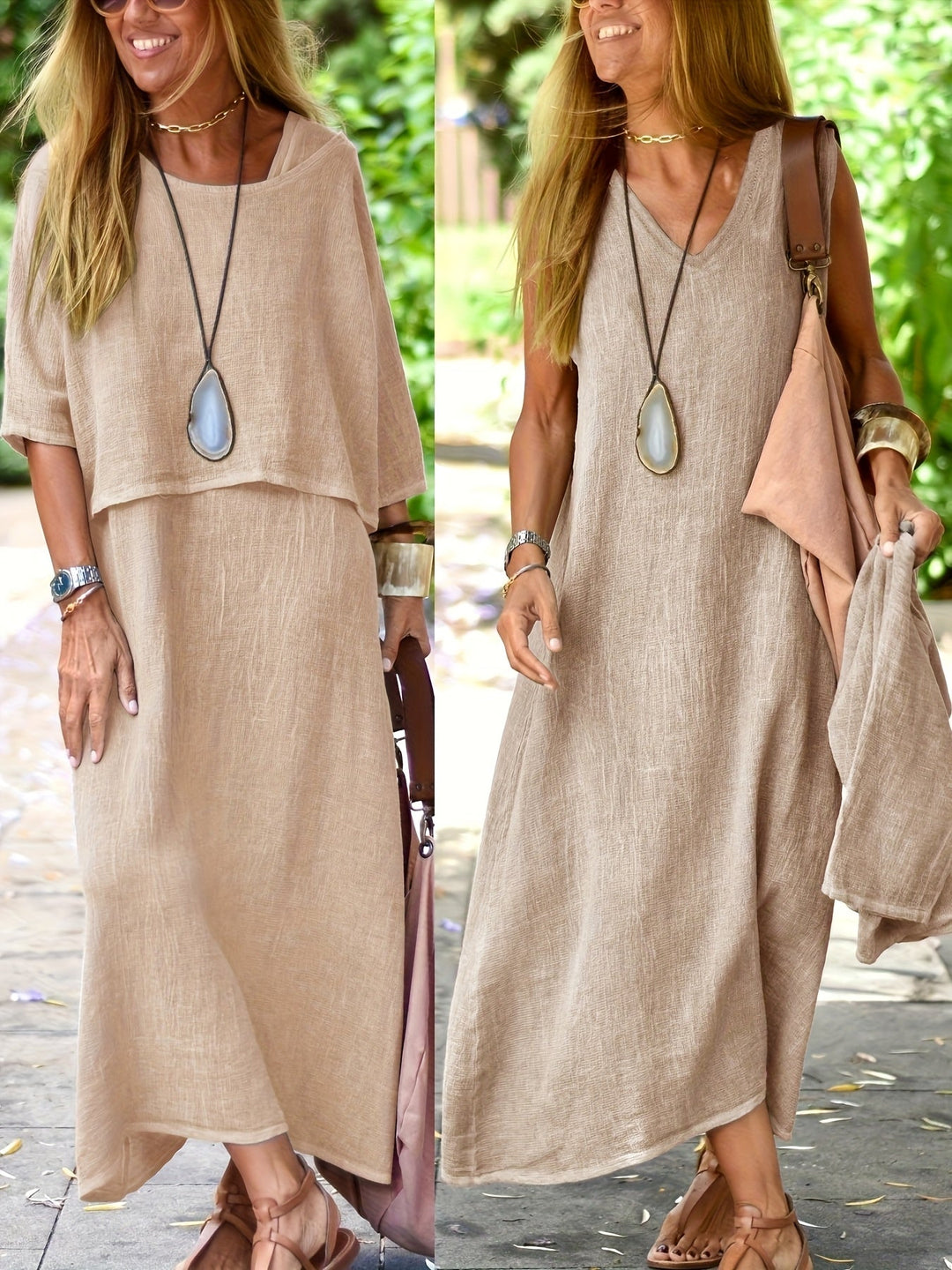 Luftiges Damen Maxikleid Set im Boho-Stil. Zweiteiler Sommerkleid, ideal für entspannte Tage.