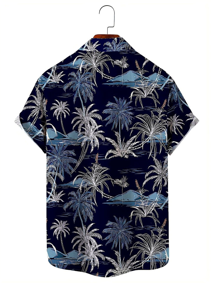 Lässiges Kurzarm Herrenhemd mit blauem Palmen-Print, perfekt für Freizeit & warme Sommertage.