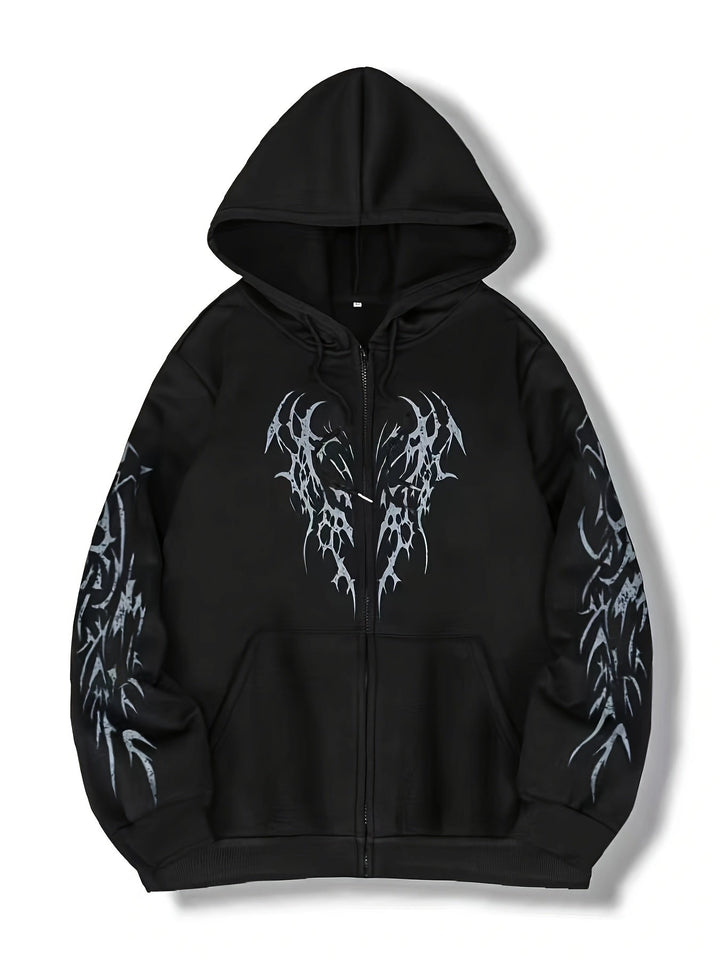 Modischer Herren Reißverschluss-Hoodie mit markantem Tribal-Flügel-Design für einen coolen Streetstyle.