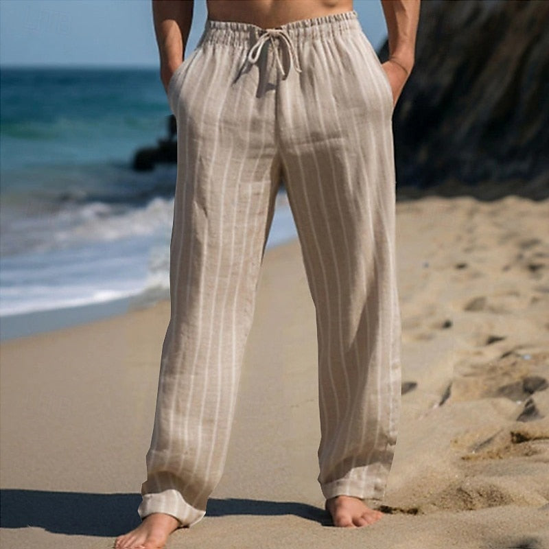 Atmungsaktive Herren Freizeithose für Sommer, mit geradem Bein, elastischem Bund und Streifenmuster.