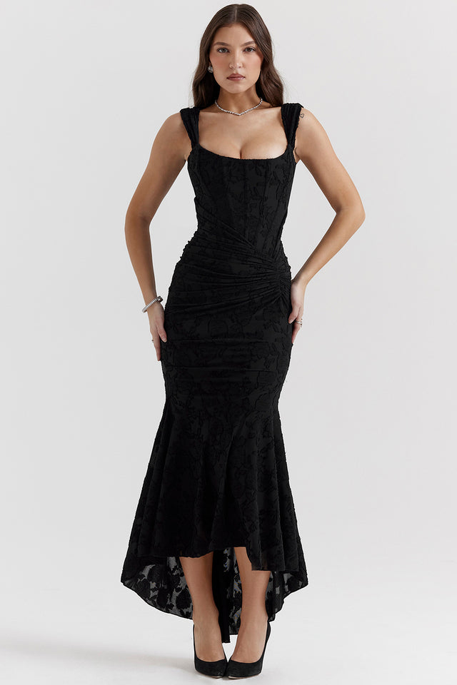Damen Abendkleid in Schwarz, elegant, mit asymmetrischem Saum und geraffter Taille, perfekt für Feste.
