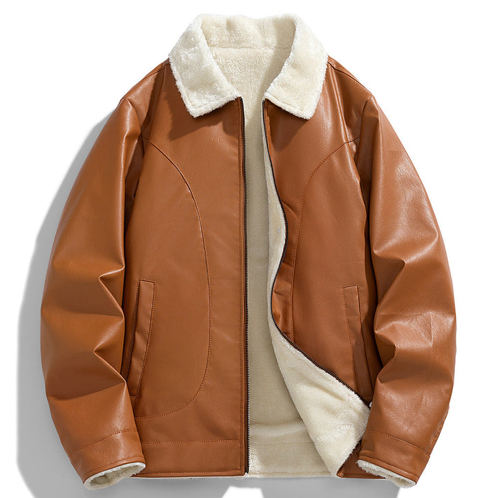Vielseitiger gelber Herren Ledermantel. Klassische Winterjacke mit regulärer Passform für stilvolle Männer.