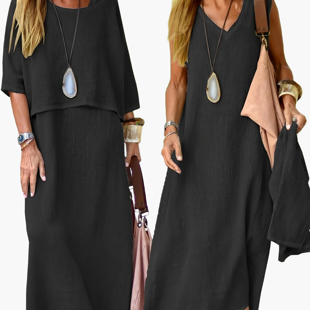Stilvolles Damen Maxikleid Set für den Sommer. Boho-Chic Zweiteiler, luftig & schmeichelhaft.