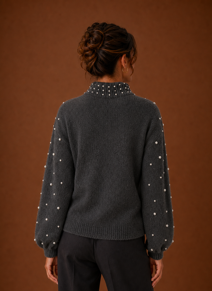 Damen Strickpullover elegant mit Perlen. Modisches Oberteil für Herbst & Winter Garderobe.
