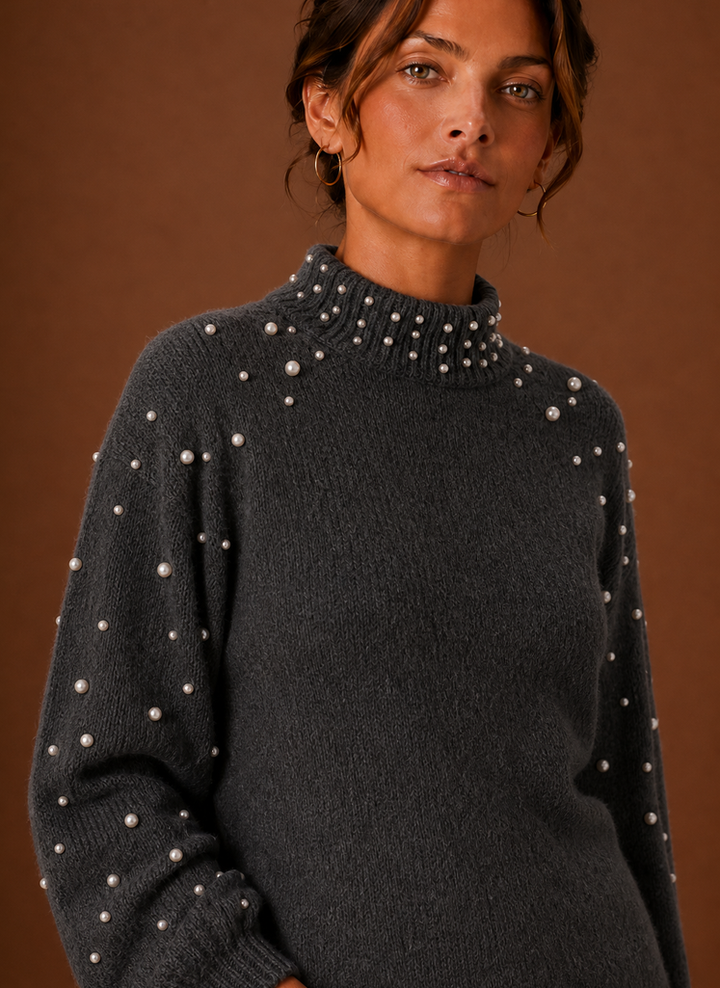 Stilvoller Damen Perlen-Strickpullover. Vielseitig kombinierbar für elegante Herbst- & Wintermode.
