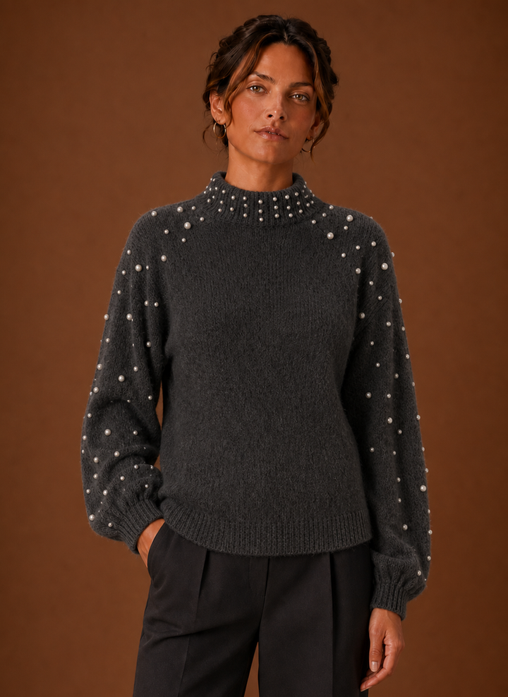 Kuscheliger Damen Perlen-Strickpullover. Warmes & modisches Oberteil für die kalte Jahreszeit.
