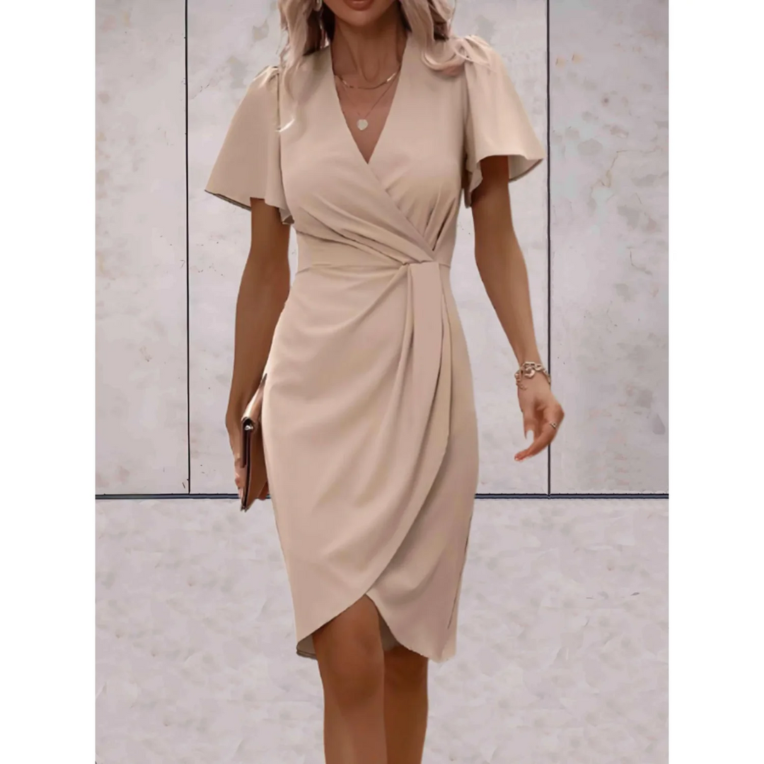 Elegantes Damen Midikleid mit Wickelfront und V-Ausschnitt, ideal für Hochzeiten und festliche Anlässe.