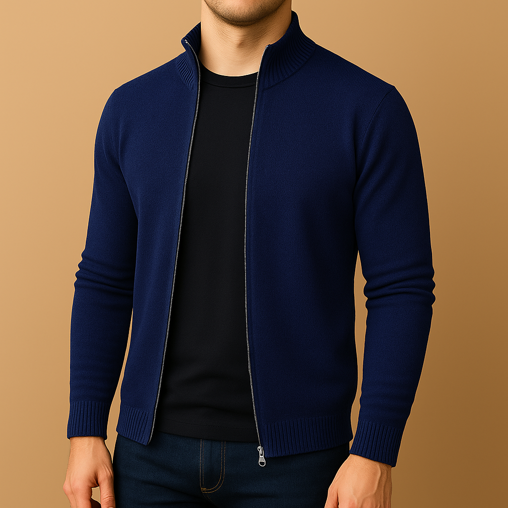 Dunkelblauer Herren Feinstrick Zippullover Slim Fit. Bequeme & modische Strickjacke für Herren.