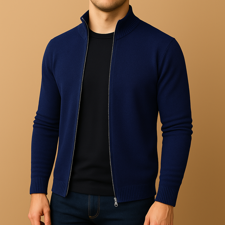 Dunkelblauer Herren Feinstrick Zippullover Slim Fit. Bequeme & modische Strickjacke für Herren.