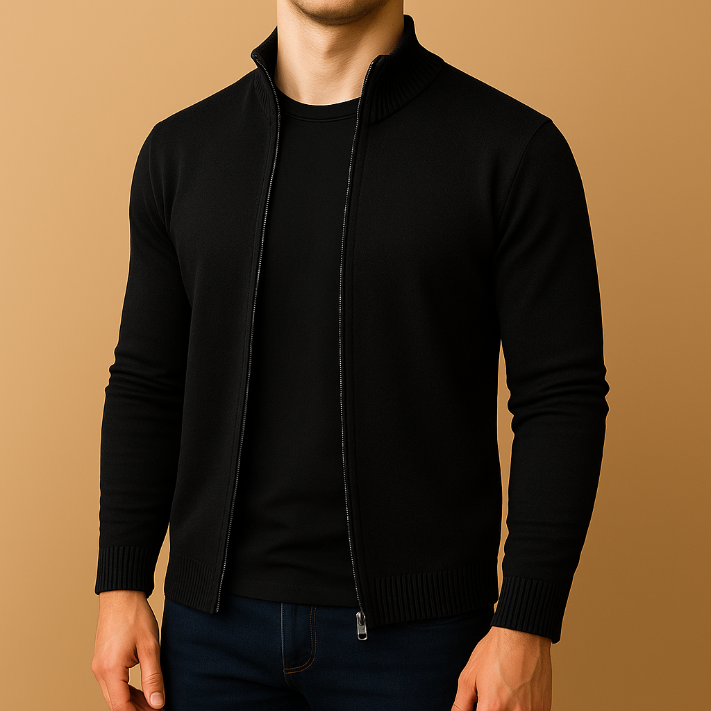 Klassischer schwarzer Herren Feinstrick Cardigan Slim Fit. Elegante Strickjacke ideal für Business Outfits.