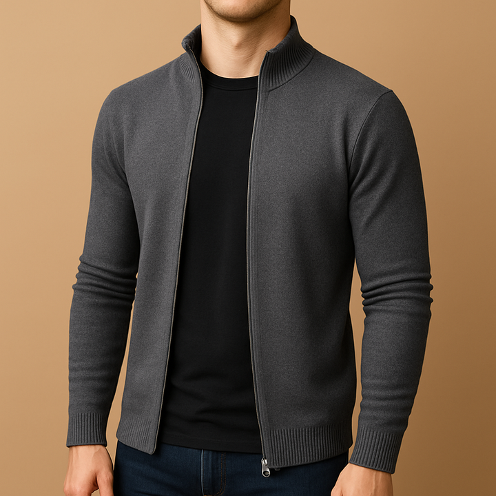 Eleganter Herren Feinstrick Cardigan Slim Fit in Dunkelgrau. Modische Strickjacke für Business & Freizeit.