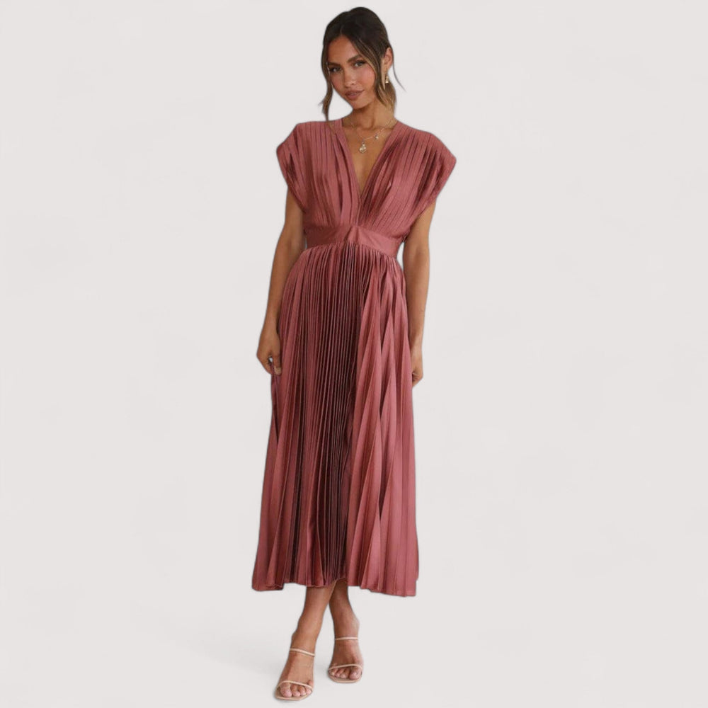 Elegantes Damen Plisseekleid A-Linie, tailliert mit verstellbarem Bund. Perfekt für Büro & Fest.