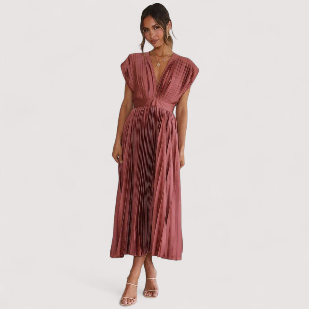 Elegantes Damen Plisseekleid A-Linie, tailliert mit verstellbarem Bund. Perfekt für Büro & Fest.