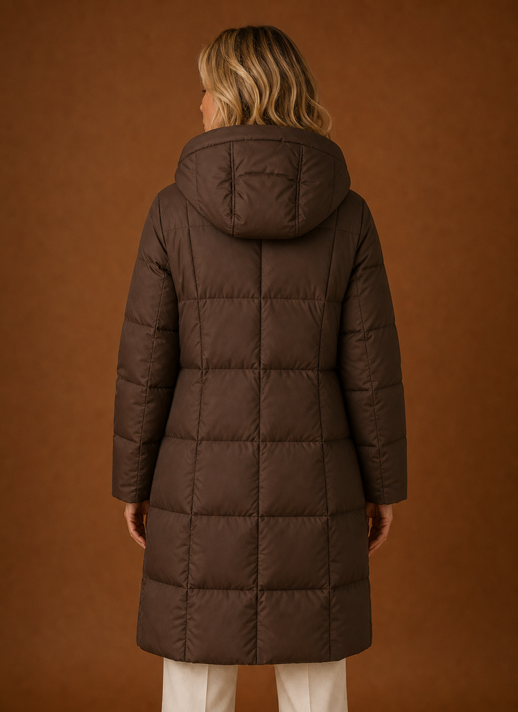 Warmer, langer Damen Kapuzenmantel als Steppmantel, schützt zuverlässig vor Winterkälte.