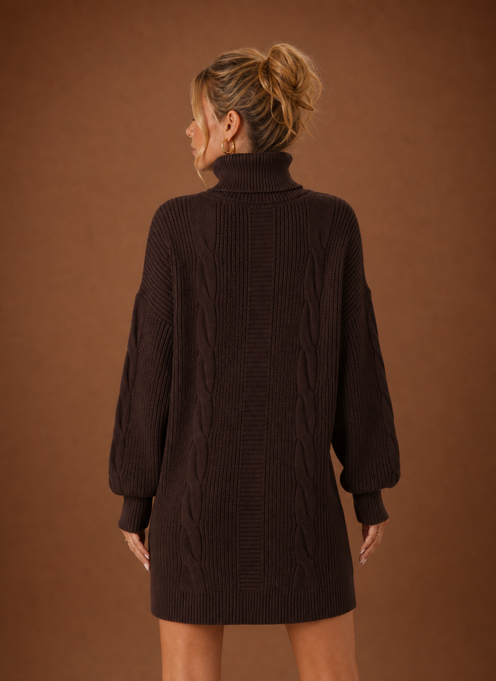 Hochwertiges Damen Strickkleid mit Rollkragen und langen Ärmeln, kuschelige Herbstmode.