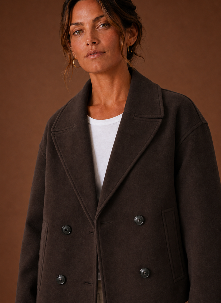Stilvoller Damen Kurzmantel als Zweireiher mit breitem Revers. Eleganter Damenmantel für Business & Freizeit in Herbst/Frühling.