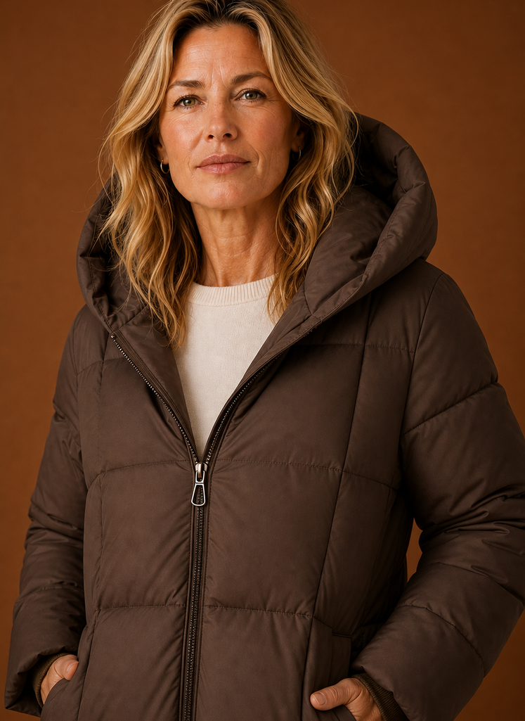 Schokobrauner Damen Steppmantel, lang geschnitten, mit schützender Kapuze für modebewusste Damen.