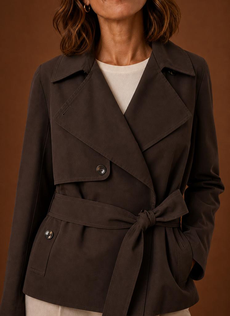 Damen Übergangsjacke: Trenchcoat mit Gürtel in Schwarz. Zeitloser Stil für kühle Tage im Frühling/Herbst.