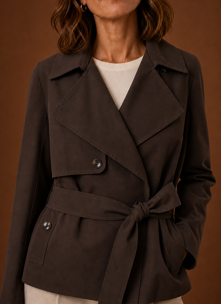 Damen Übergangsjacke: Trenchcoat mit Gürtel in Schwarz. Zeitloser Stil für kühle Tage im Frühling/Herbst.