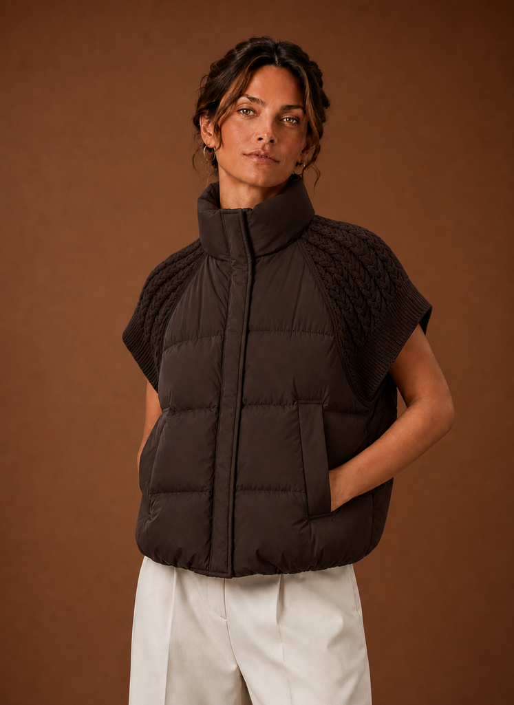 Elegante Damen Steppweste mit weichen Strickeinsätzen, perfekt für den Lagenlook. Modisch & warm.
