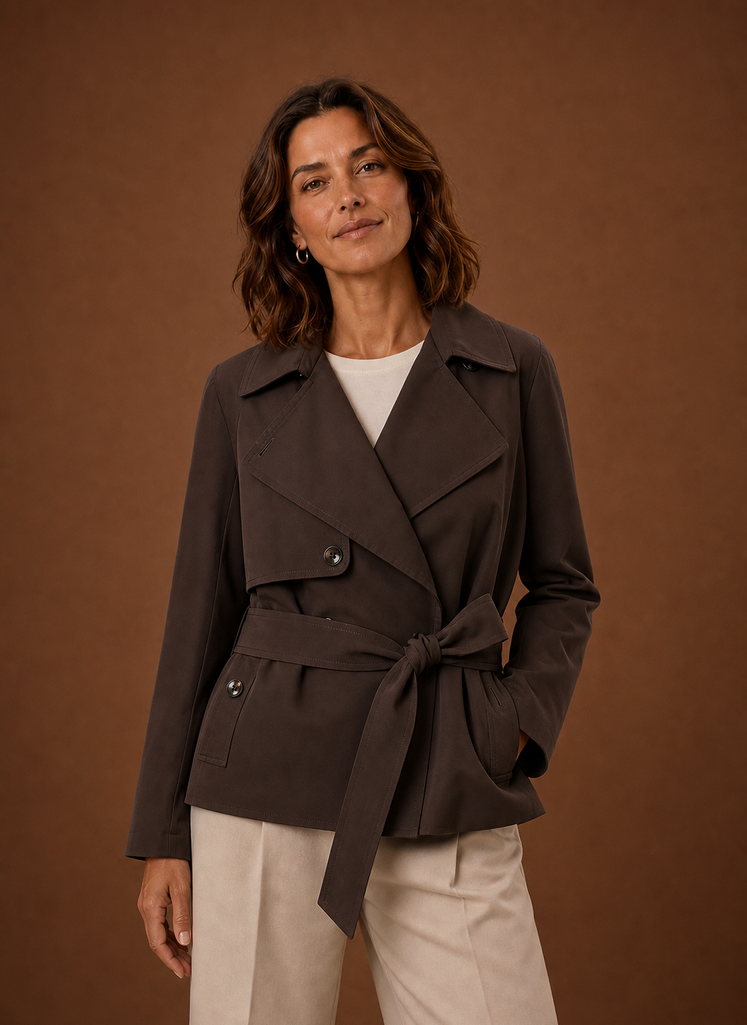 Beiger Damen Trenchcoat mit Gürtel und doppelter Knopfleiste. Eleganter Klassiker für Frühling & Herbst.