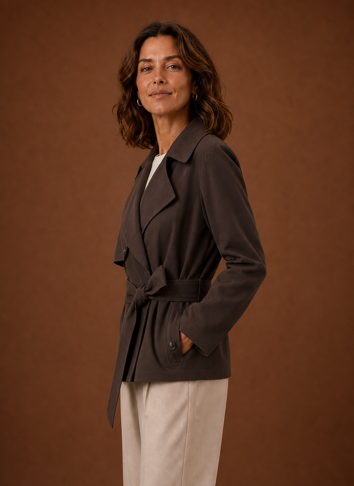 Klassischer Damen Trenchcoat mit Gürtel, Schulterklappen & Ärmelriegeln. Ideal für Frühling und Herbst.