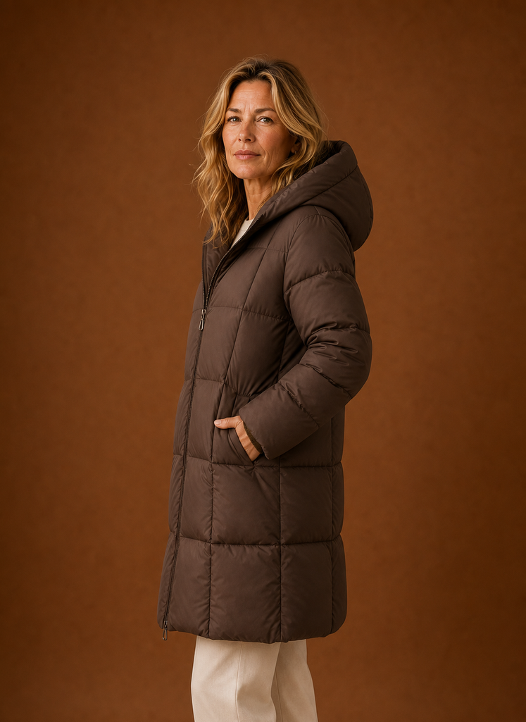 Eleganter langer Damen Wintermantel mit Steppdesign und Kapuze, perfekt für einen stilvollen Auftritt.