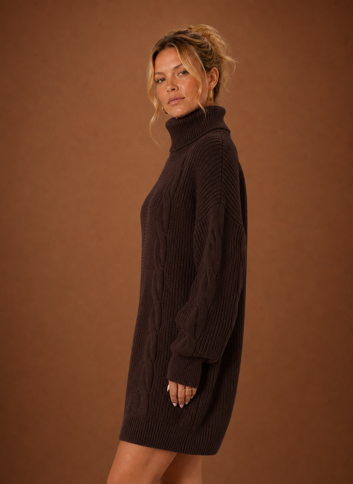 Gemütliches Damen Rollkragen-Strickkleid, schmeichelhaft & stilvoll für den Winter.