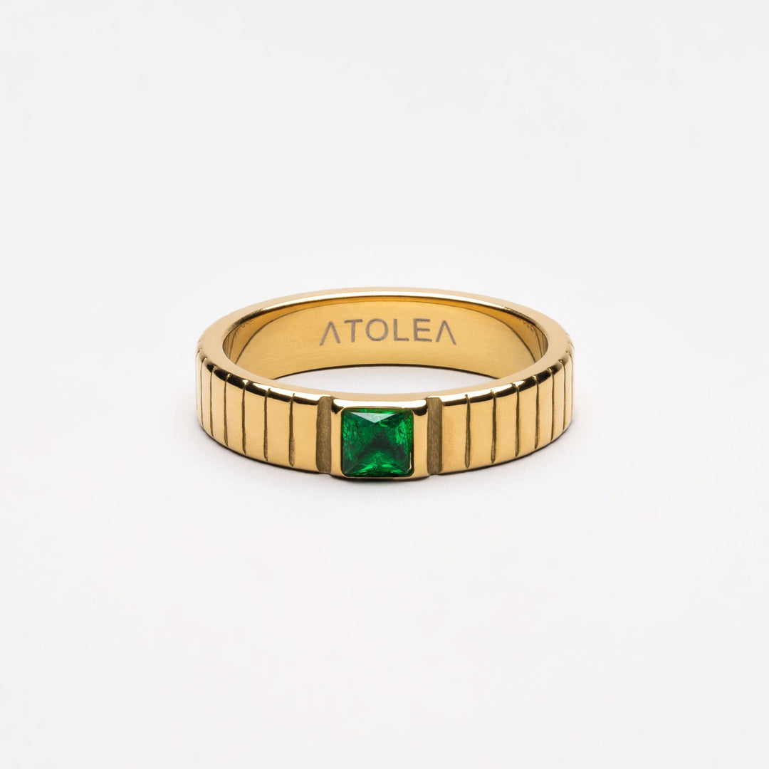 Damen Statement Ring mit großem grünem Zirkonia, chunky Edelstahl, wasserfest & hypoallergen. Eleganter Modeschmuck.