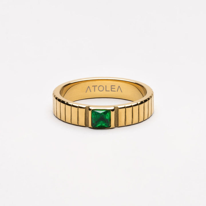 Damen Statement Ring mit großem grünem Zirkonia, chunky Edelstahl, wasserfest & hypoallergen. Eleganter Modeschmuck.