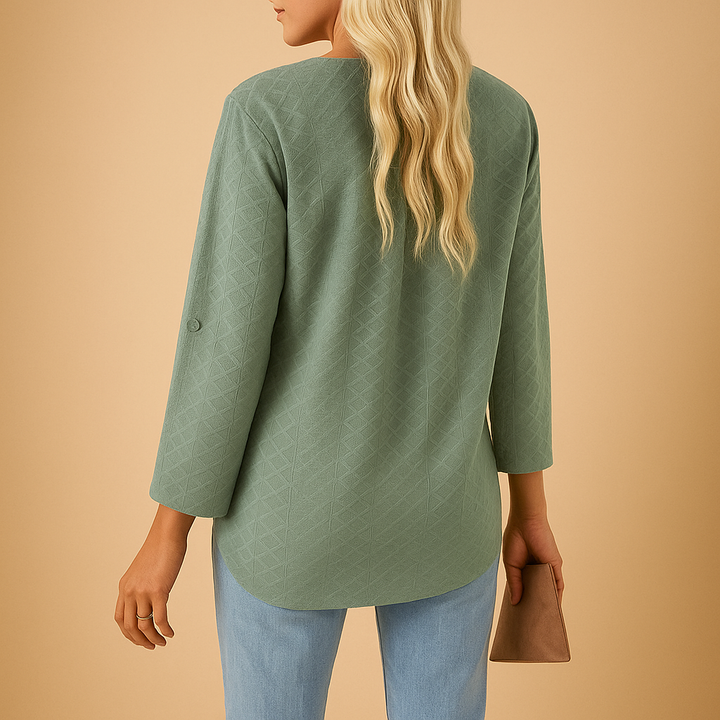Luftige Damenbluse V-Ausschnitt. Elegantes, lockeres Design für Büro und Freizeit. Vielseitige Frühlings- und Sommerbluse.