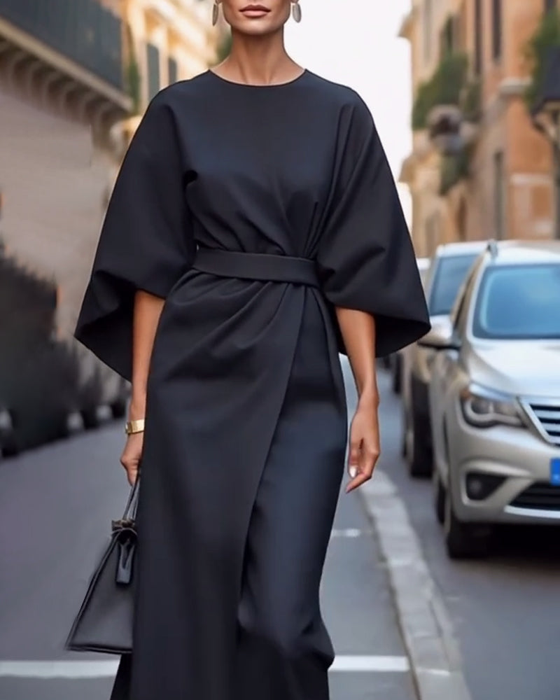 Elegantes Damen Herbst Midikleid mit weiten Ärmeln, geradem Ausschnitt und Taillengürtel für Business & Freizeit.