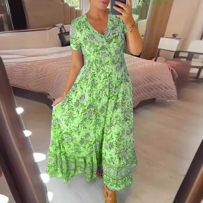 Bequemes Damen Maxikleid für den Herbst mit floralem Muster, V-Ausschnitt, auch in großen Größen verfügbar.