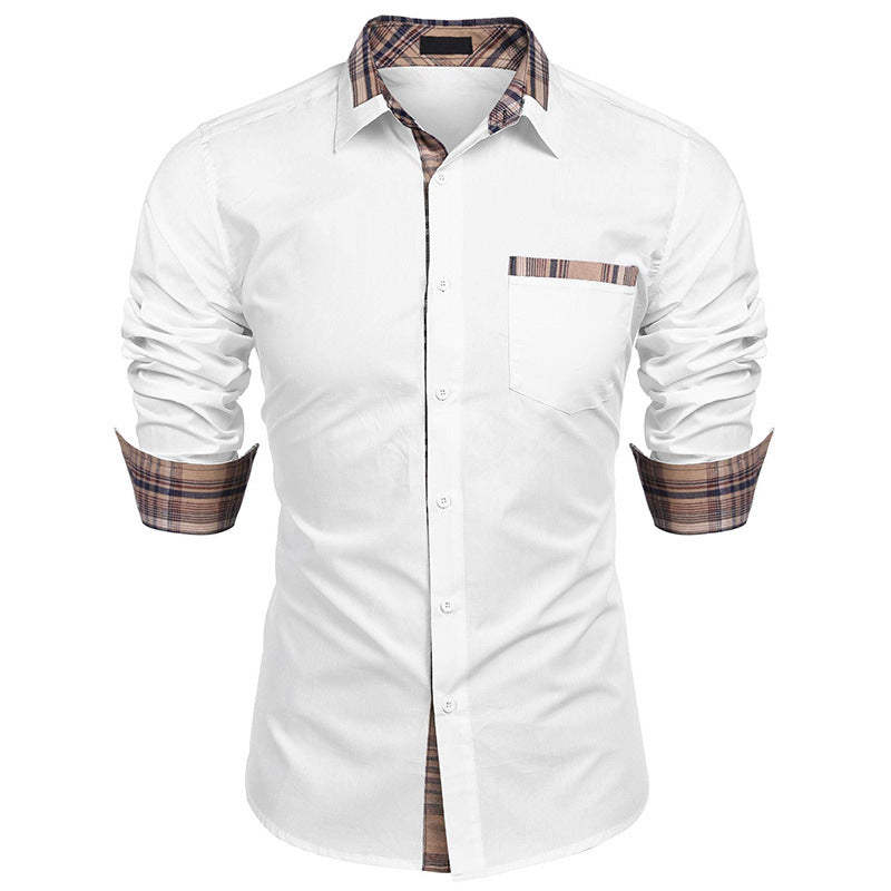 Nahaufnahme des feinen Karomusters auf einem eleganten Slim-Fit Herren Langarmhemd mit Reverskragen.