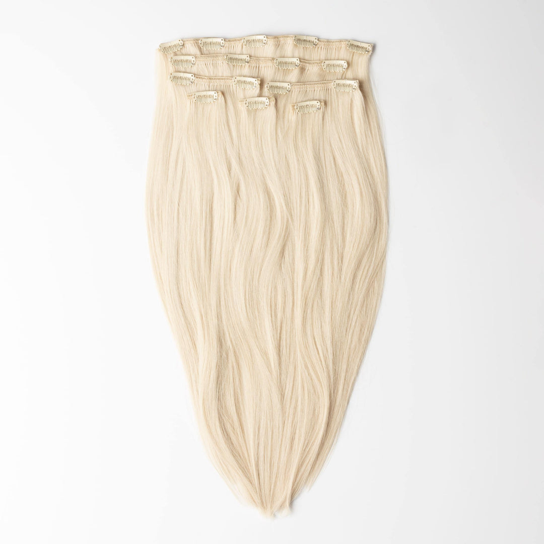 Damen Clip-in Echthaar-Haarverlängerungs-Set in hellem Aschblond 60B für natürliches Volumen & Länge.