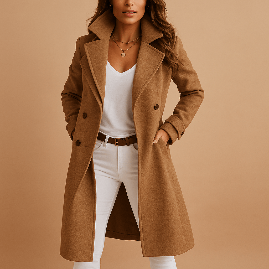 Stilvoller Damen-Übergangsmantel in Braun mit langen Ärmeln und Knopfleiste. Ideal für einen eleganten Businesslook.