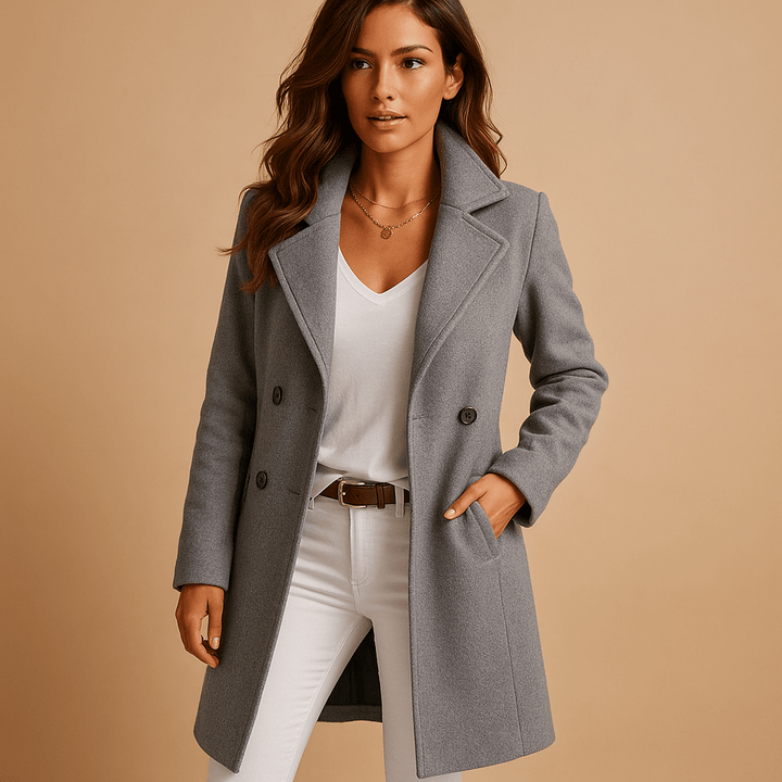 Eleganter langer Damenmantel mit Knopfleiste in Grau, perfekt für Business und Freizeit. Zeitlose Übergangsjacke.