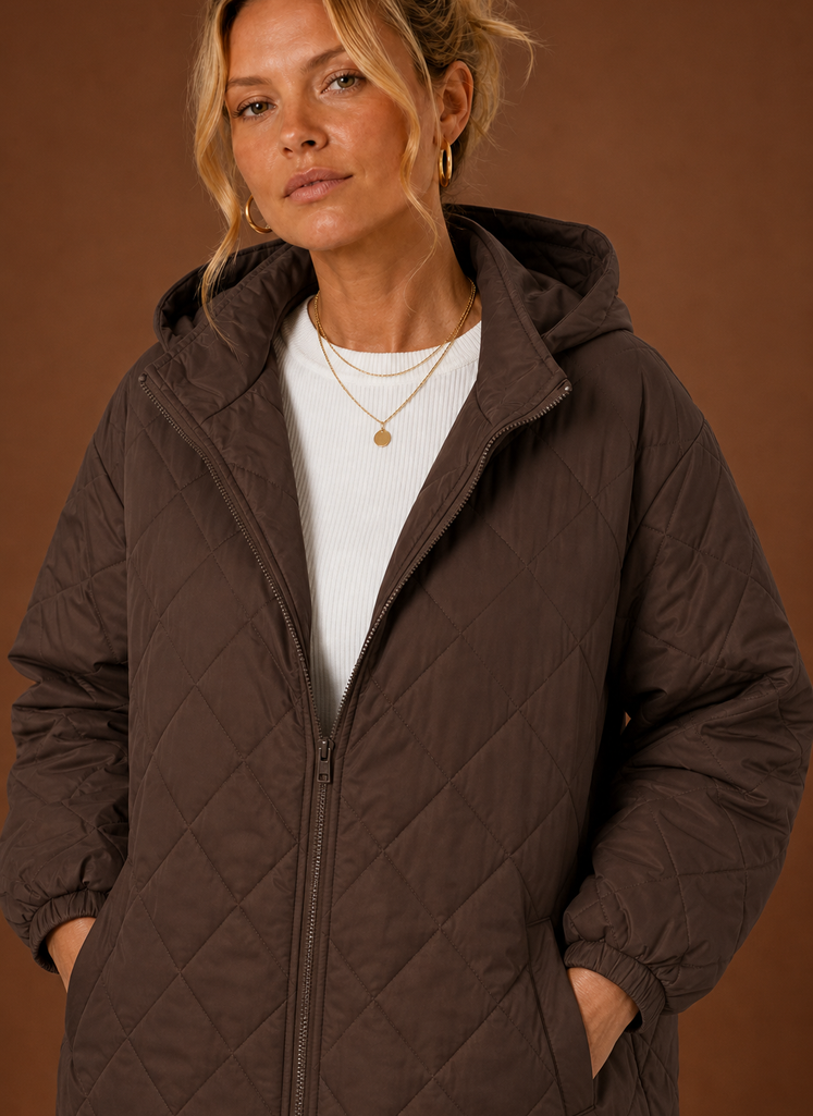 Warmer, eleganter Damen Steppmantel mit Kapuze, perfekt für den Alltag und Freizeit im Winter.