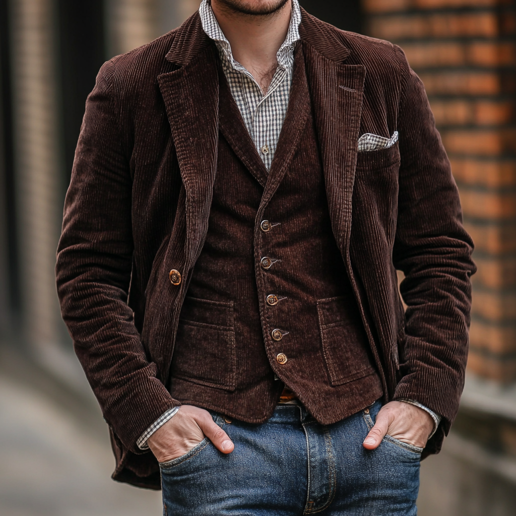 Stilvolles Herren Slim Fit Blazer & Weste Set in Kastanienbraun. Perfekt für formelle Auftritte.