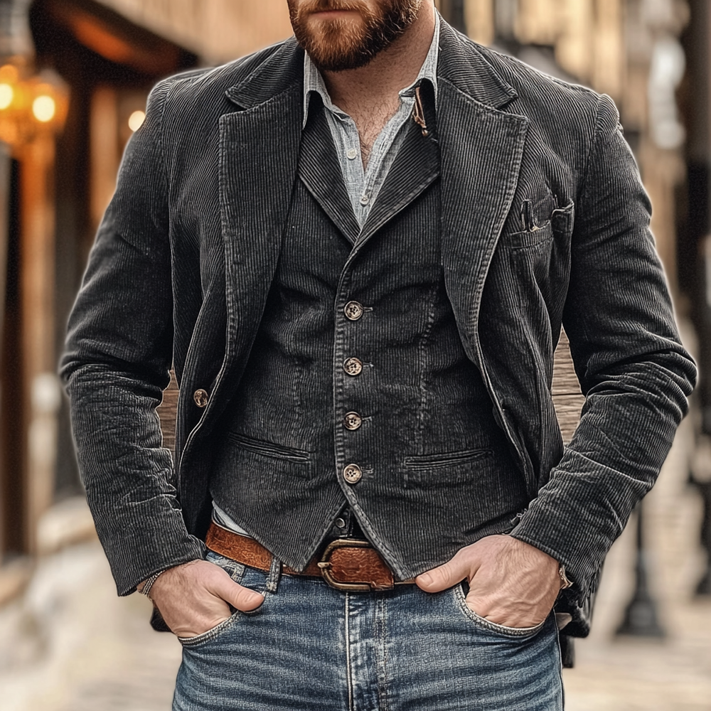 Eleganter Herren Slim Fit Anzug-Zweiteiler in Dunkelgrau; Blazer & Weste für festliche Events & Business.