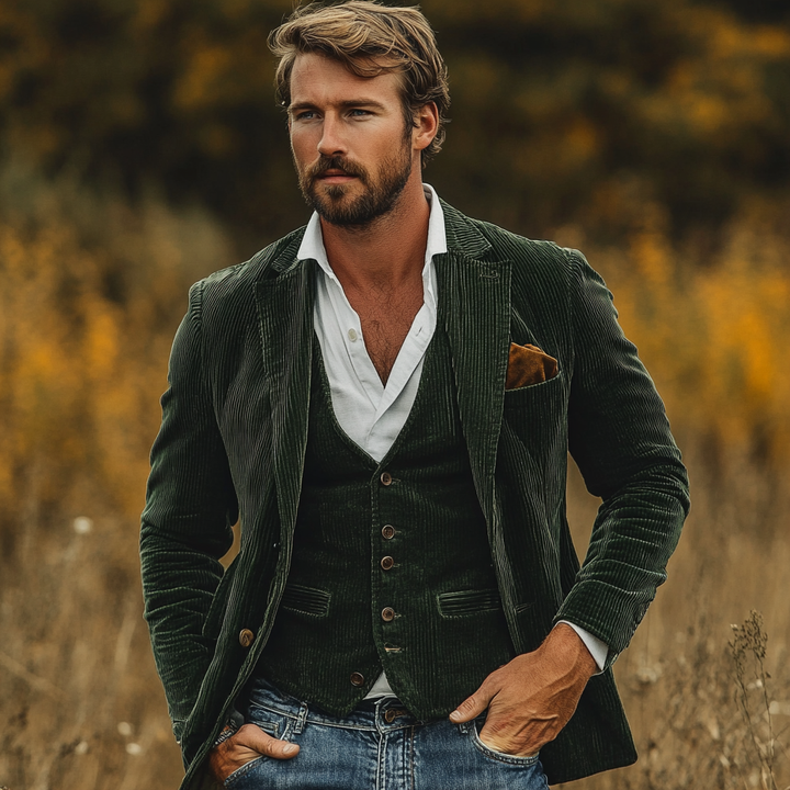 Herren Slim Fit Blazer & Weste Kombi in Waldgrün. Moderner Anzug für Business und feierliche Anlässe.