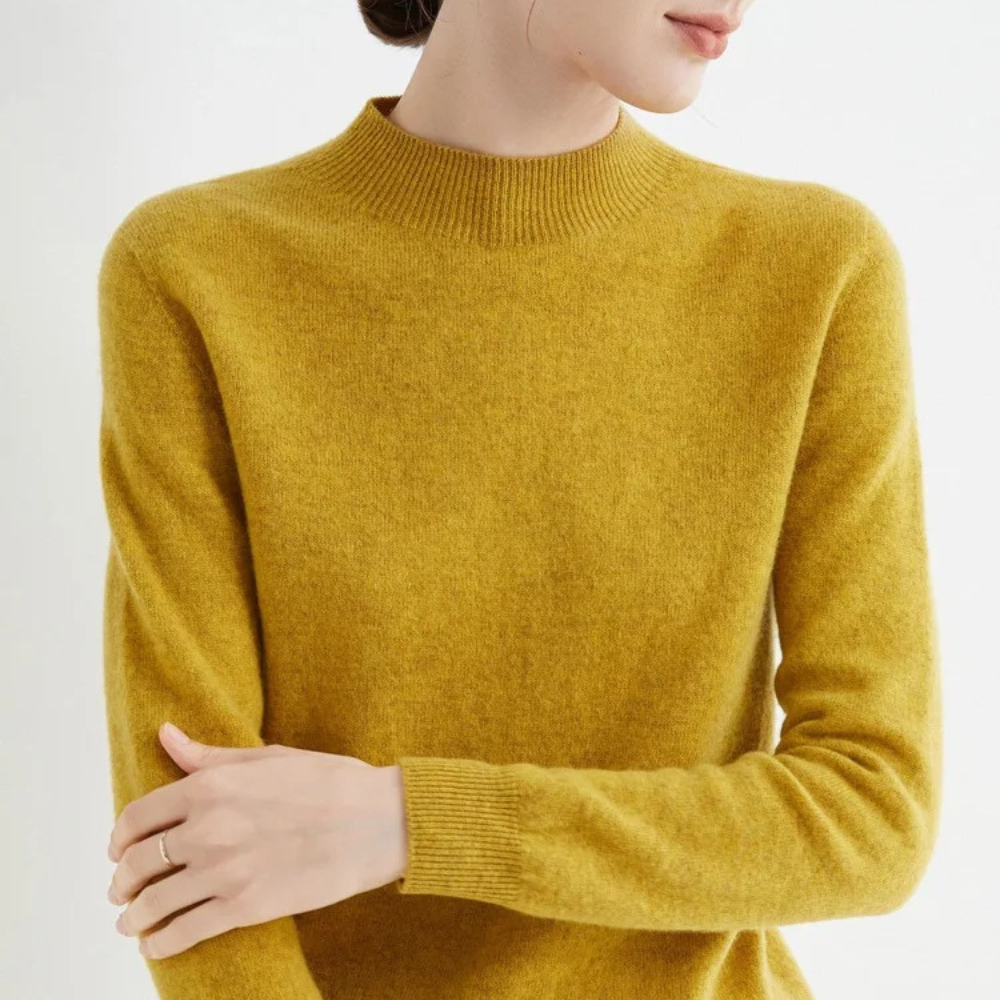 Schicker gelber Damen Rollkragenpullover, langärmlig. Ideal als warmer Winterpullover für Damen.