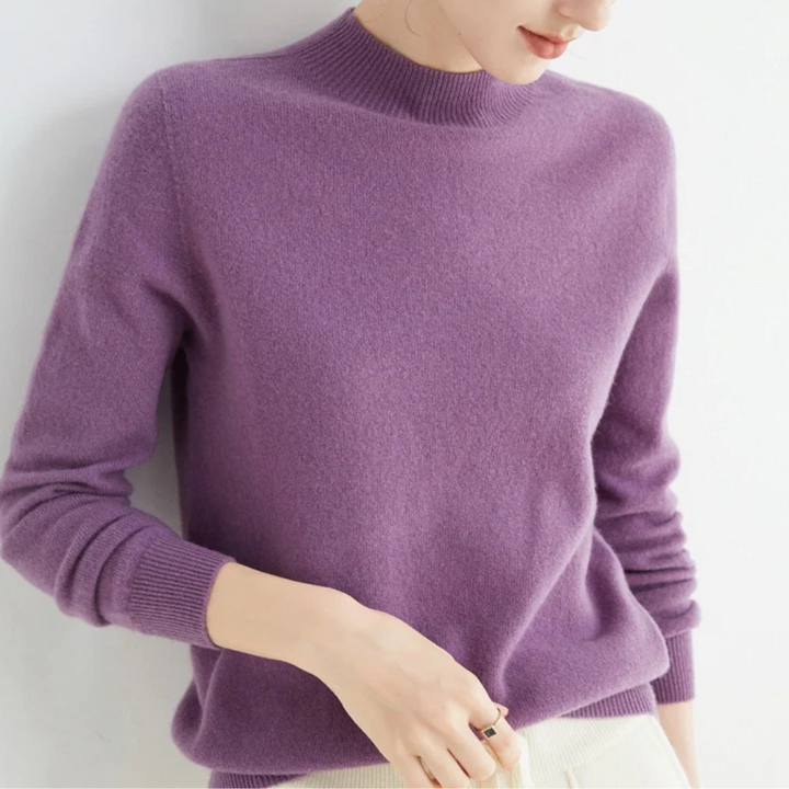 Damen Pullover mit hohem Kragen, stilvoll und vielseitig. Perfekt für elegante Büromode oder gemütliche Freizeit.