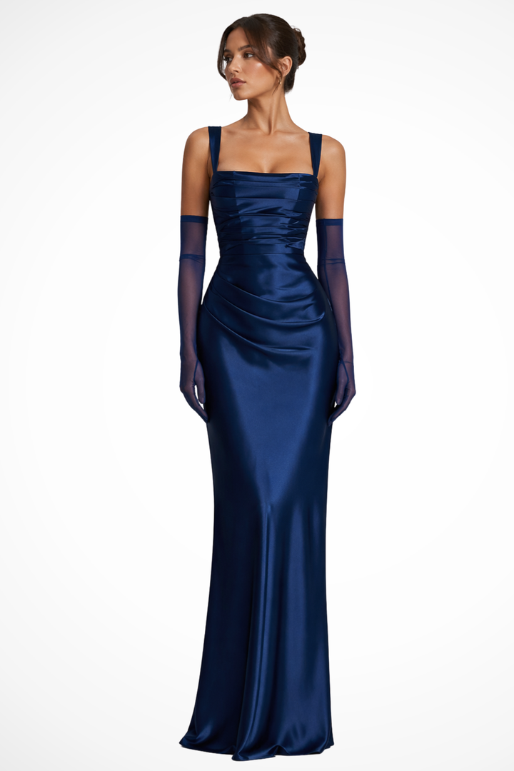Schickes Hochzeitsgast-Maxikleid für Damen in Marineblau, mit modernem Square Neck und taillierter Silhouette.