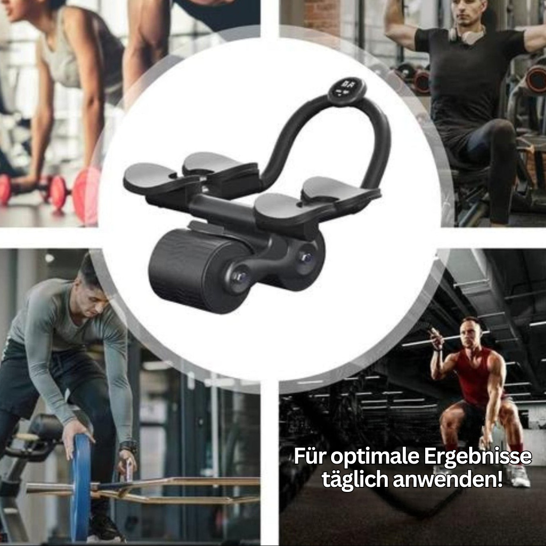 Detailansicht des stabilen Rades vom Bauchmuskeltrainer. Sorgt für sicheres und effektives Workout.